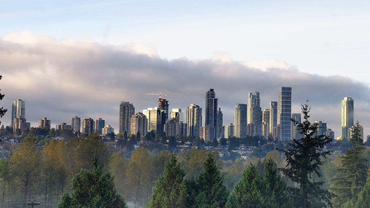 The Metrotown skyline in Burnaby at dusk